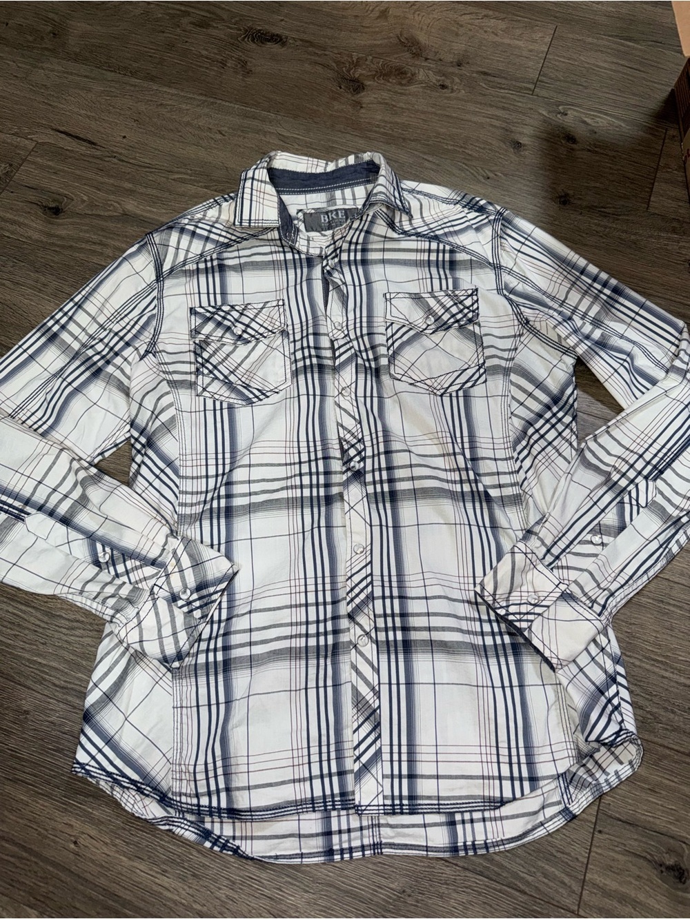 Buckle Men’s White & Navy Plaid Button-Down Shirt
